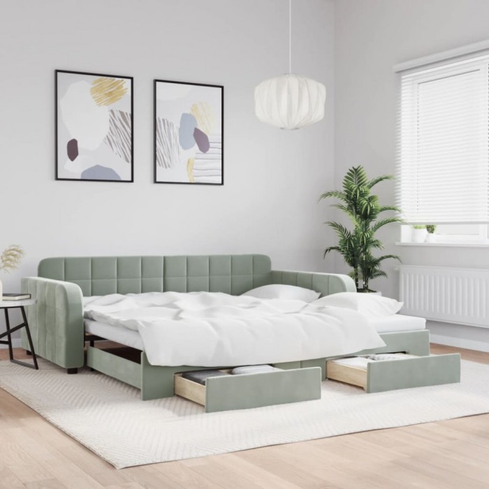 vidaXL Pat de zi cu extensie și sertare gri deschis 100x200 cm catifea 3196984