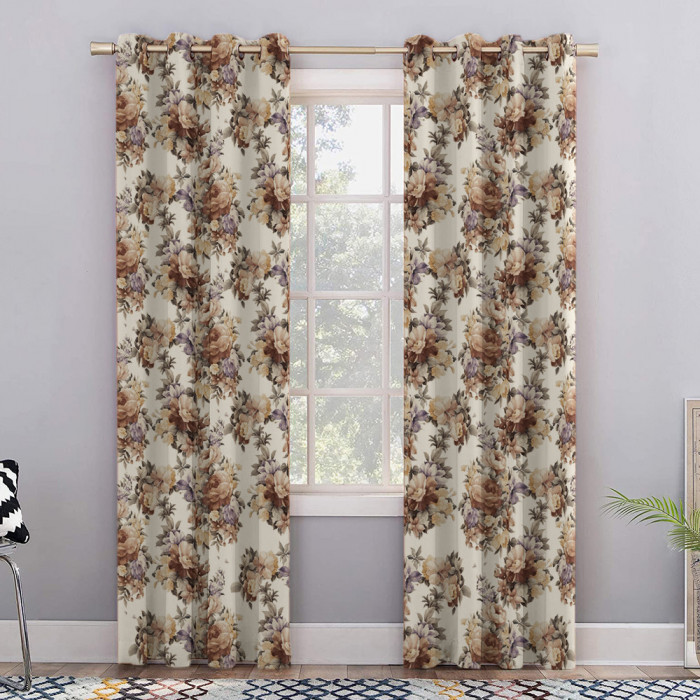 Draperie blackout model floral cu inele negre, Madison, 200x210 cm, densitate 700 g/ml, Rosa Arvensis, 1 buc