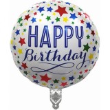 Balon din folie metalizata, flippy, mini figurina rotunda, model happy birthday, tema aniversare, 45 cm, ambalaj individual, pai inclus, umflare cu ae