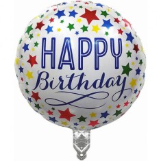 Balon din folie metalizata, flippy, mini figurina rotunda, model happy birthday, tema aniversare, 45 cm, ambalaj individual, pai inclus, umflare cu ae