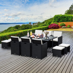 Outsunny Set e Mobilier de Gradina in PE Rattan Set de Pranz 11 bucati cu Perne, Negru