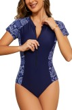 Costum de baie cu m&acirc;necă scurtă, cu fermoar, pentru surfing, tip rash guard, pentru femei &ndash; Albastru Paisley S