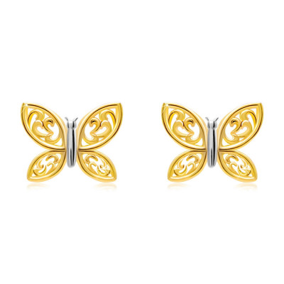 Cercei din aur combinat de 14K - fluture bicolor cu aripi sculptate, știfturi foto