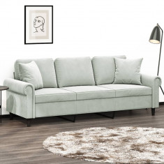 Canapea cu 3 locuri cu pernute, gri deschis, 180 cm, catifea foto