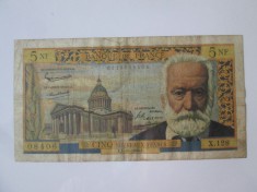 Rara! Franta 5 Nouveaux Francs 1964 Victor Hugo,bancnota din imagini