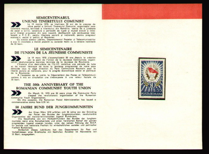 1972 Romania, Semicentenarul UTC LP 786, pliant filatelic de prezentare