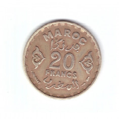 Moneda Maroc 20 francs/franci 1952, stare buna, curata, cu patina