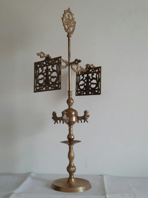 Lampa antica cu ulei/ petrol, candela, velon din bronz 60cm foto