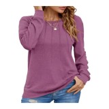 Tricou de damă cu m&acirc;neci lungi, plisat, guler rotund, croi larg &ndash; Mov XL