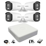 Sistem supraveghere video Hikvision 4 camere exterior ColorVu 5MP, lumina alba 40m, DVR 4 canale Hikvision, accesorii, hard disk SafetyGuard Surveilla