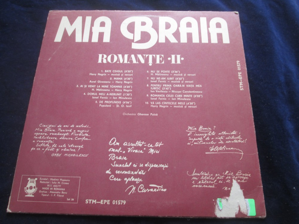 Mia Braia - Romante II _ vinyl,LP _ Electrecord ( 1979, Romania) | arhiva  Okazii.ro