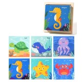 Cumpara ieftin Puzzle educativ din lemn cu 9 cuburi si 6 imagini, animale marine, joc Montessori pentru copii 4, 6 ani, 11 x 11 x 3.2 cm, multicolor