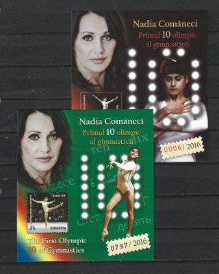 ROMANIA 2016 - NADIA COMANECI, PRIMUL 10, SET 2 COLITE, MNH - LP 2113(A) foto