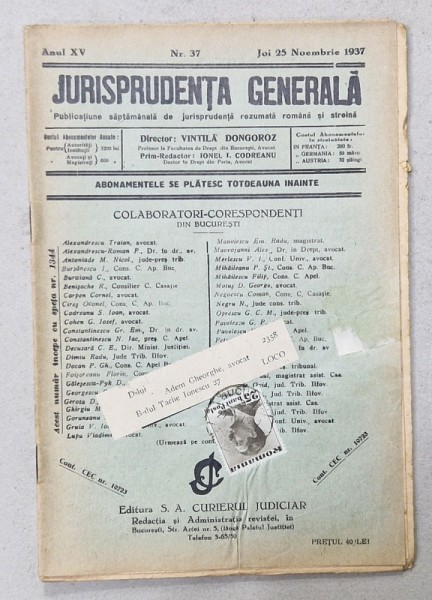 JURISPRUDENTA GENERALA , PUBLICATIUNE SAPTAMANALA DE JURISPRUDENTA REZUMATA ROMANA SI STREINA , NR. 37, 1937