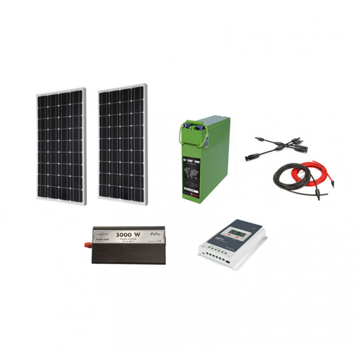 Sistem panouri fotovoltaice Rulota/Cabana 360 W pe 12 V cu invertor 3000 W