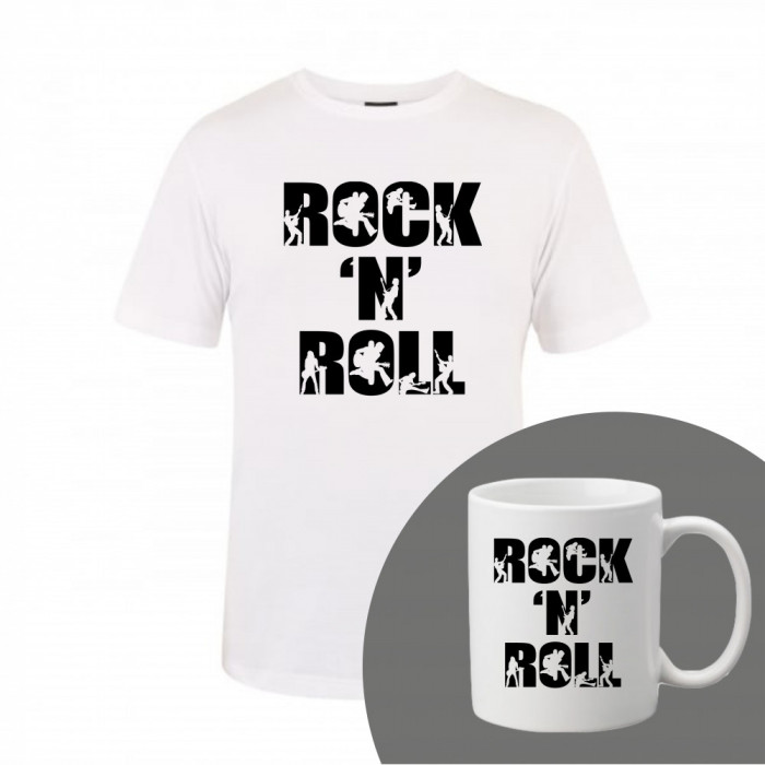 &quot;Rock &#039;N&#039; Roll&quot; Set Personalizat &ndash; Tricou + Cană Alb XXL