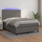 vidaXL Pat cu arcuri, cu saltea &amp; LED, gri, 140x190 cm, piele eco
