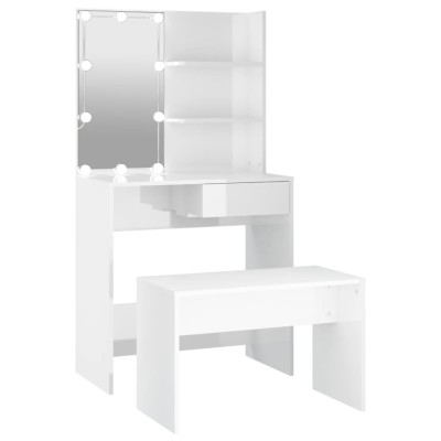 Set masuta de toaleta cu LED, alb extralucios, lemn prelucrat foto