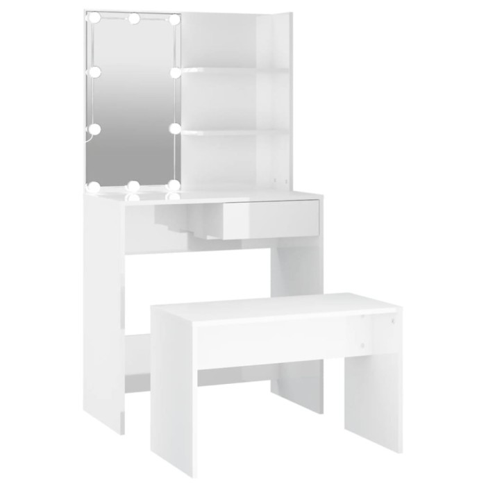 Set masuta de toaleta cu LED, alb extralucios, lemn prelucrat