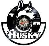 Ceas de perete decorativ realizat din disc de vinil, Model Caine Husky Siberian Portret Animale, Negru, 30 cm