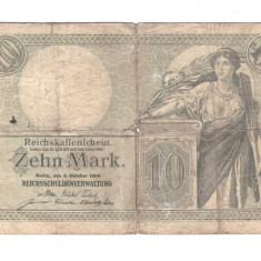 Bancnota Germania 10 mark/marci 6 octombrie 1906, circulata, uzata