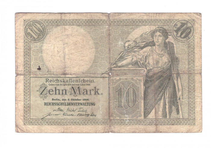 Bancnota Germania 10 mark/marci 6 octombrie 1906, circulata, uzata