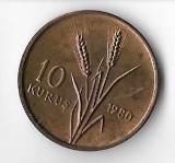 Moneda 10 kurus 1980, FAO - Turcia, tiraj: 13000, Europa, Bronz