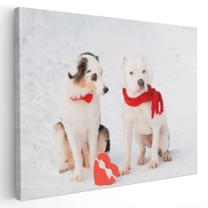 Tablou doi caini cu papion si fular rosu de Ziua Indragostitilor Tablou canvas pe panza CU RAMA 20x30 cm