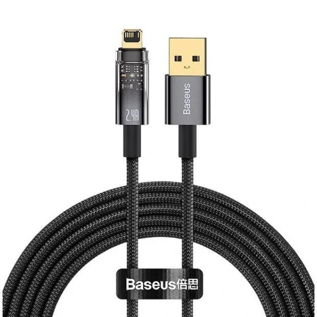 CABLU alimentare si date Baseus Explorer, Fast Charging Data Cable pt. smartphone, USB la Lightning Iphone 2.4A, 1m, Auto Power-Off, negru transparent