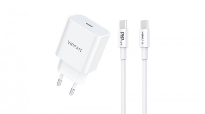 Vipfan E04 &icirc;ncărcător de perete, USB-C, 20W, QC 3.0 + cablu USB-C (alb)