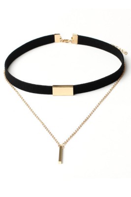 Choker Din piele intoarsa cu tub dreptunghiular si lant cu tija, Auriu foto