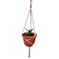 Suport macrame alb cu detalii rosii, pentru ghiveci de flori cu diametru 18-20 cm