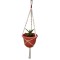 Suport macrame alb cu detalii rosii, pentru ghiveci de flori cu diametru 18-20 cm