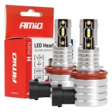Becuri auto LED AMiO seria H-mini H8 H9 H11 H16 6500K Canbus 42W 12-24V CSP, lumina 2225 lm, pentru faruri cu lupa si reflector