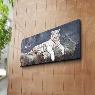 Superb tablou mare impunator cu ceas TIGRU ALB pe stanca, efect 3D - panza/lemn foto