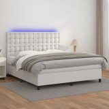 Cumpara ieftin Pat cu arcuri, saltea și LED, alb, 160x200 cm, piele ecologică