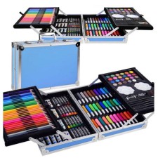 Set de pictura si desen pentru copii WePro Store, 145 de piese, Cutie Metalica, 3 ani +, Albastru