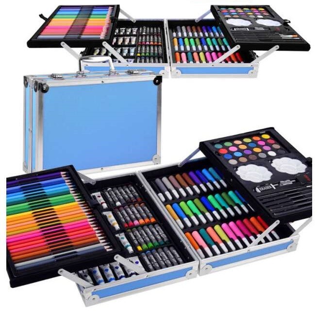Set de pictura si desen pentru copii WePro Store, 145 de piese, Cutie Metalica, 3 ani +, Albastru