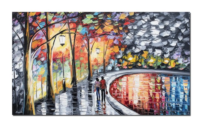 Tablou indragostiti pictat manual, Impreuna pe aleea vietii, 100x60cm ulei pe panza in cutit, gata de expus pe perete