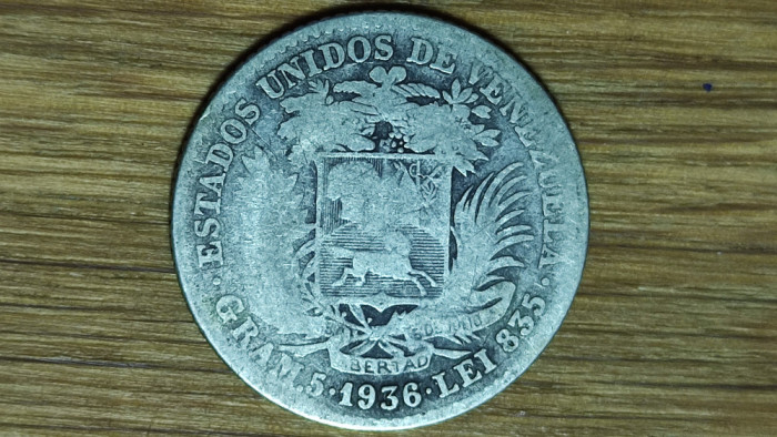 Venezuela - moneda de colectie - 1 bolivar 1936 argint 835 - rara ! cu uzura