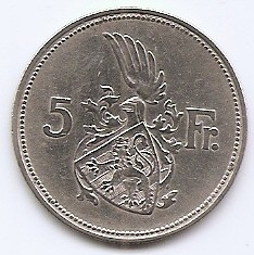 Luxemburg 5 Franci 1929 - Charlotte, Argint 8g/625, 27.8 mm, KM-38