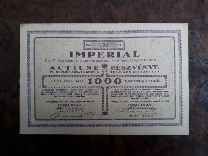 1000 Lei 1928 Imperial SA Oradea / actiuni vechi / actiune veche Romania 102