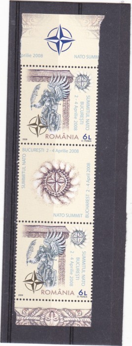 SUMMITUL NATO BUCURESTI,TRIPTIC CU VINIETA ,FOLIO AUR,2008, MNH ** ROMANIA.