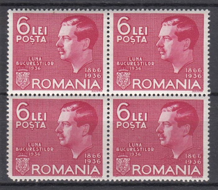 ROMANIA 1935 LP 113 LUNA BUCURESTILOR BLOC DE 4 TIMBRE MNH/SARNIERA