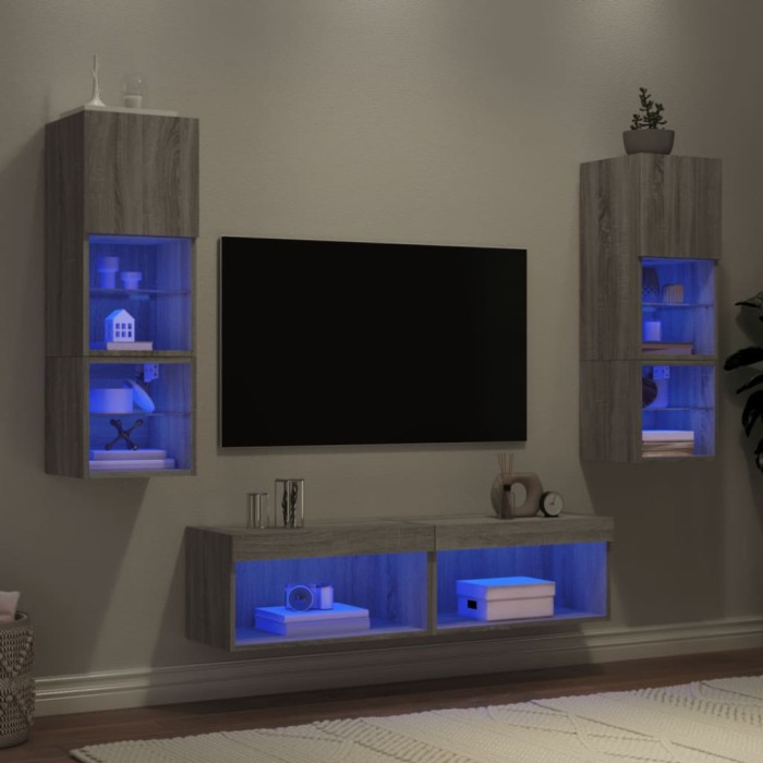 Unități de perete TV cu LED-uri, 6 piese, gri sonoma, lemn