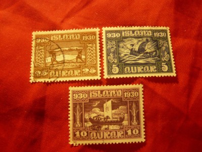 Serie mica Islanda 1930 - 1000 ani de la Debarcare , 3 val. stampilate foto