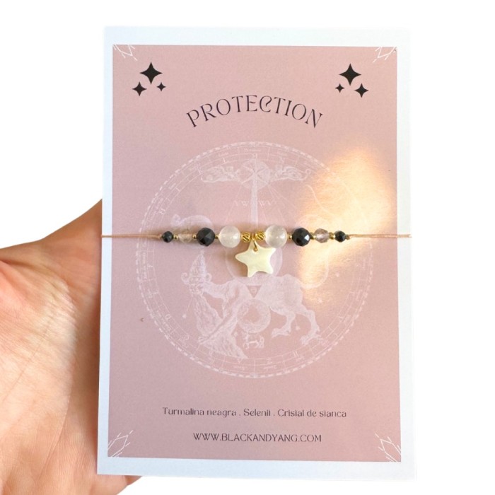 Bratara energetica din selenit, turmalina neagra si cuart transparent cu pandantiv steluta - protectie si purificare