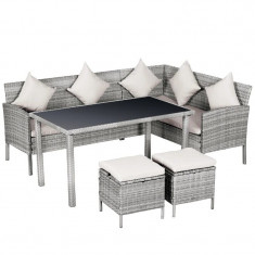 Set mobilier gradina/terasa, gri, ratan sintetic, 1 masa, 2 canapele, 2 tabureti, Penelope