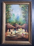 Masidi - Sat african cu colibe si figuri (dimensiune 35 x 50 cm cu rama)