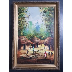 Masidi - Sat african cu colibe si figuri (dimensiune 35 x 50 cm cu rama)
